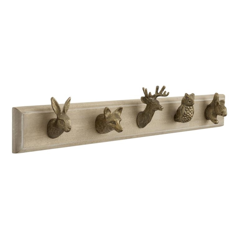 Wall Rack Whitewashed Wood Gold Animal Shaped Hooks Woodland Rustic