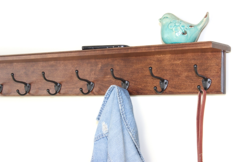 Wall Shelf Coat Rack for Entryway with Dark Double-Pronged Hooks
