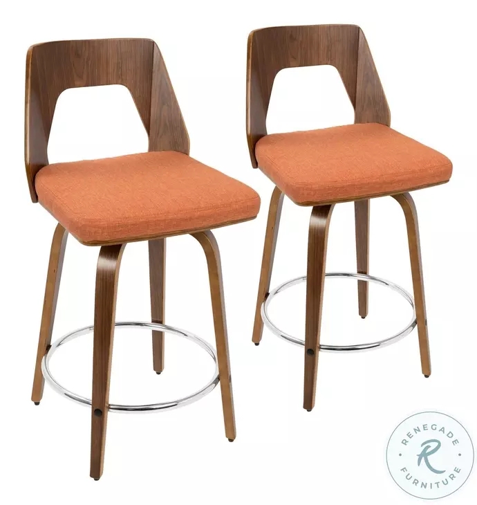 Walnut Counter Stools Set of 2, Cutout Back, Splayed Legs