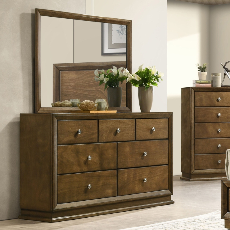 Walnut Double Dresser with Silver Knobs and Stepped Bracket Base
