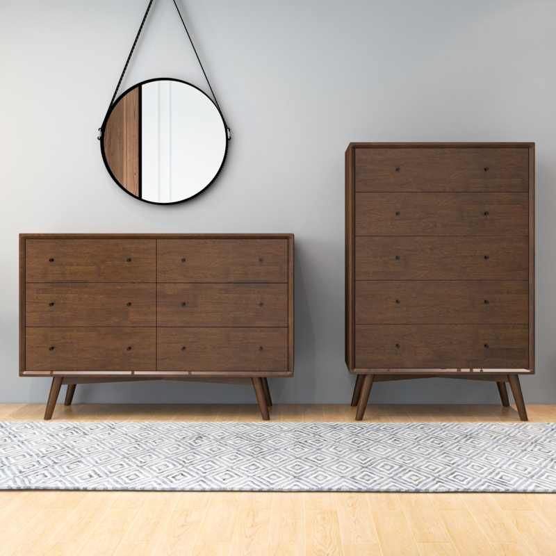 Walnut Dresser Set with Splayed Feet Mid Century Modern Styling