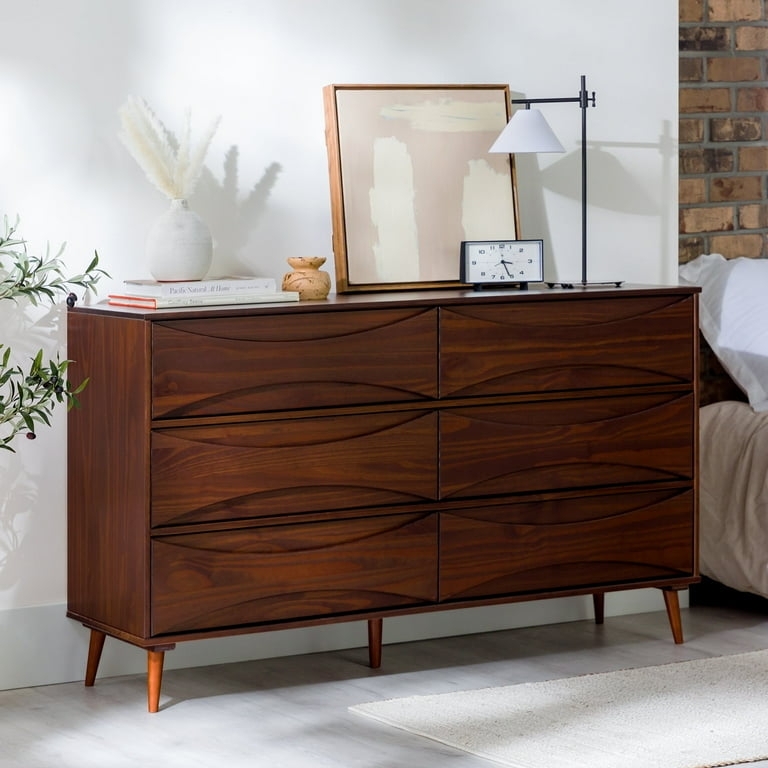 Walnut Dresser with Curved Drawer Fronts Mid Century Modern Style
