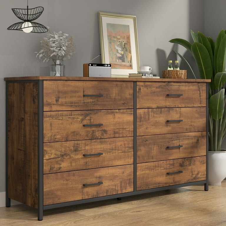 Walnut Eight-Drawer Double Dresser with Metal Frame