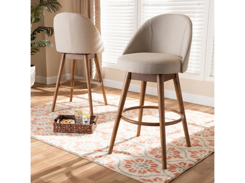 Walnut Finish Swivel Bar Stools with Mid-Century Modern Curved Back