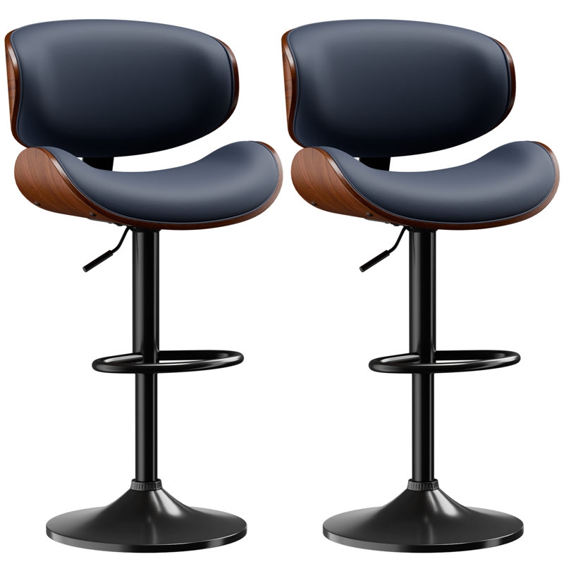 Walnut Wood Shell Bar Stools, Dark Blue Upholstery with Black Pedestal