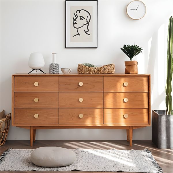 Warm Cherry Wood Double Dresser finished with Gold Round Knobs