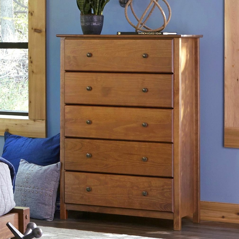Warm Wood Five Drawer Dresser, Walnut Finish, Vertical Silhouette