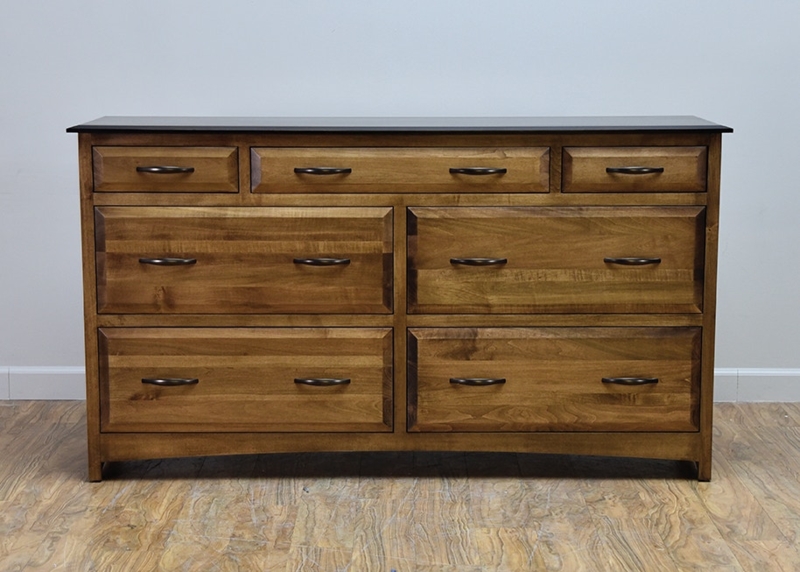 Warm Wood Seven Drawer Dresser with Beveled Fronts and Dark Top