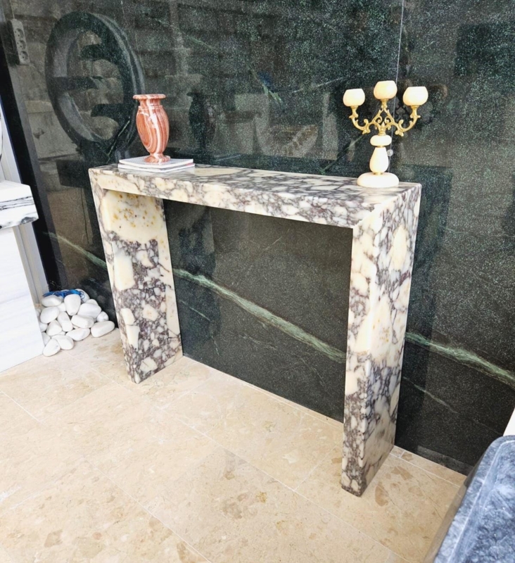Waterfall Console Table Bold Purple Veined Stone Modern Design