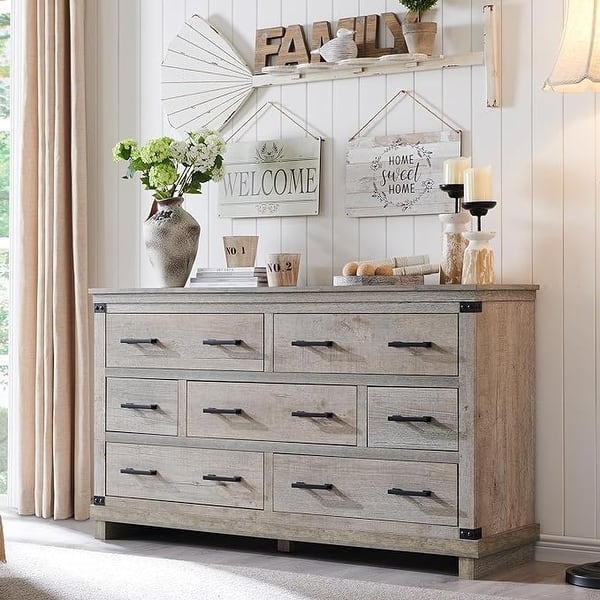 Weathered Gray Bedroom Storage Dresser with Metal Corner Brackets