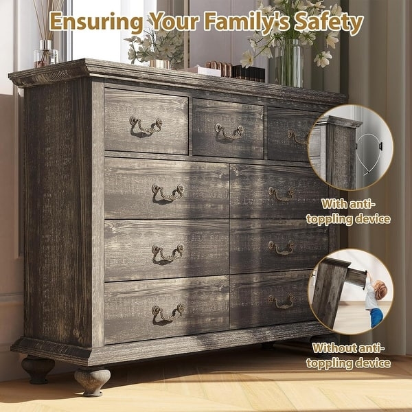 Weathered Gray Wood Double Dresser Ornate Handles Bun Feet