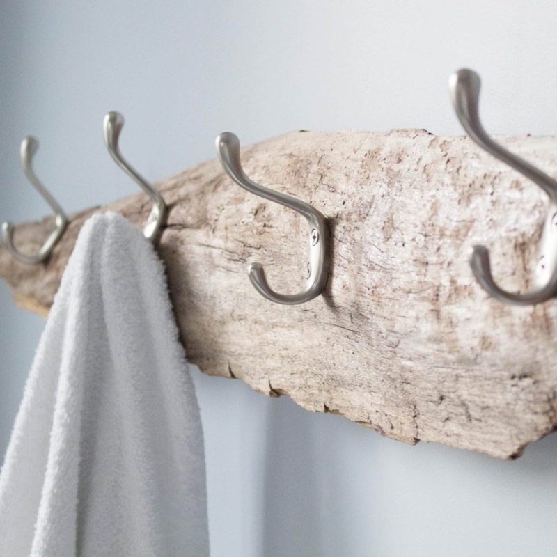 Weathered Wall Mounted Towel Rack with Brushed Metal Double Hooks.