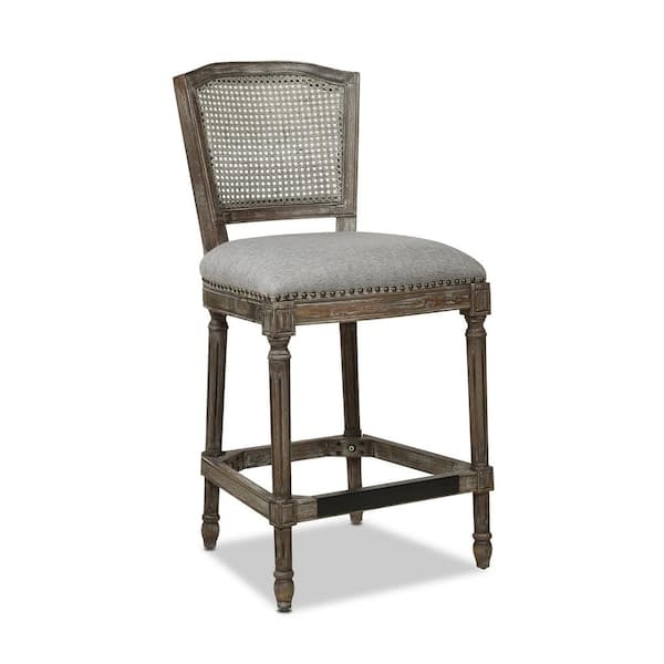 Weathered Wood Counter Stool with Nailhead Trim, High Back Seat