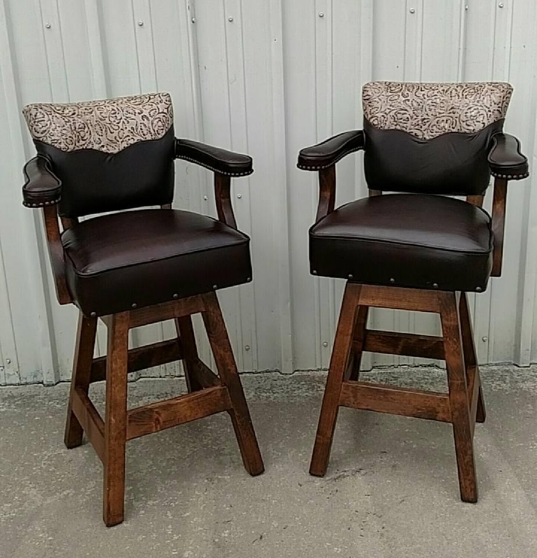 Western Style Bar Stool with Arms, Leather-Like Seat, and Paisley Back