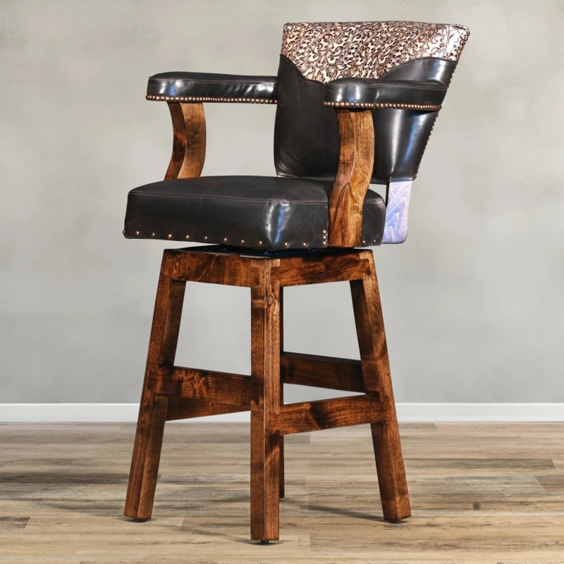 Western Style Swivel Bar Stool Nailhead Trim Patterned Back