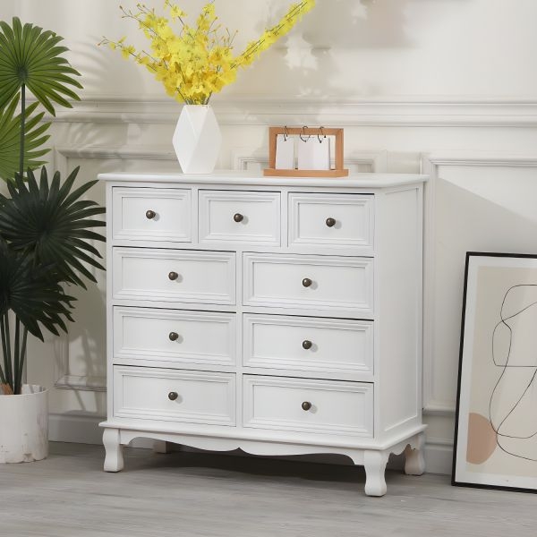 White Accent Chest with Nine Drawers and Elegant Cabriole Legs