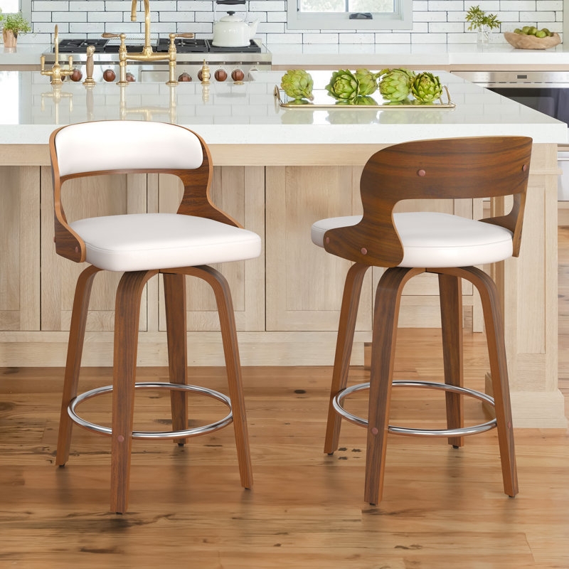 White and Wood Swivel Counter Stool with Bentwood Back Feature