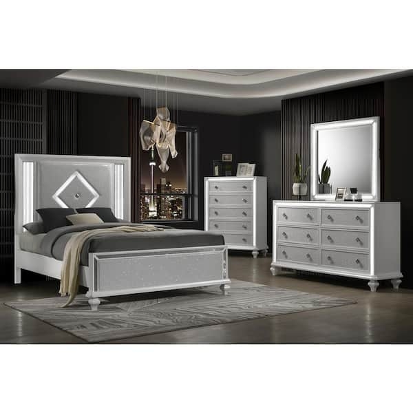 White Bedroom Set with Integrated LED Lighting and Shimmering Panels