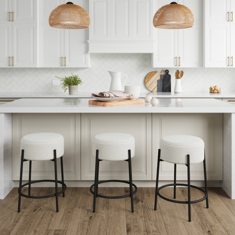 White Boucle Backless Bar Stools with Black Metal Base