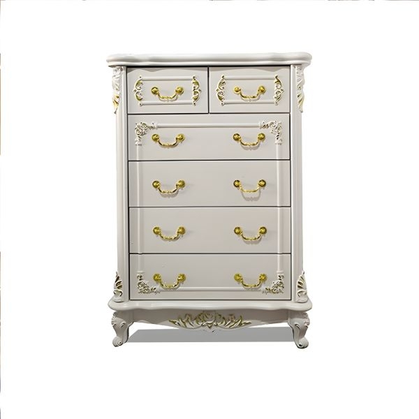 White Chest of Drawers with Gold Scroll Accents and Cabriole Base