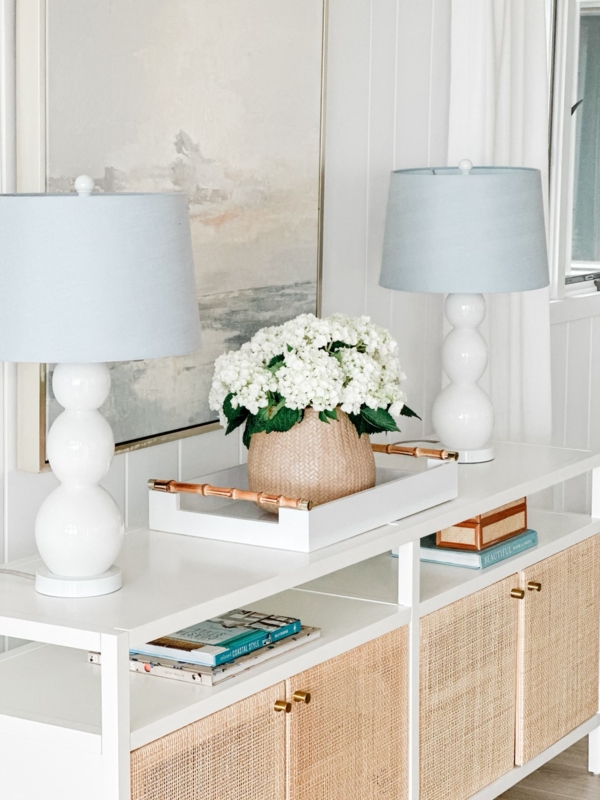 White Console Table Cabinet with Cane Door Panels & Coastal Styling