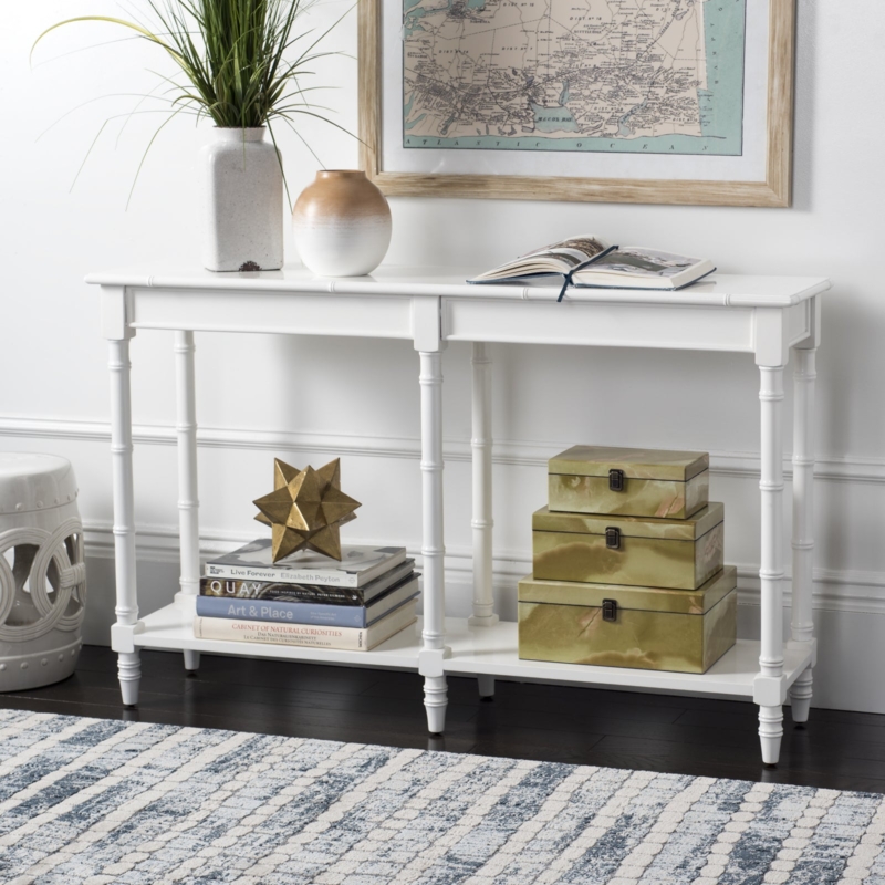 White Console Table with Bamboo Turned Legs & Two-Tier Design