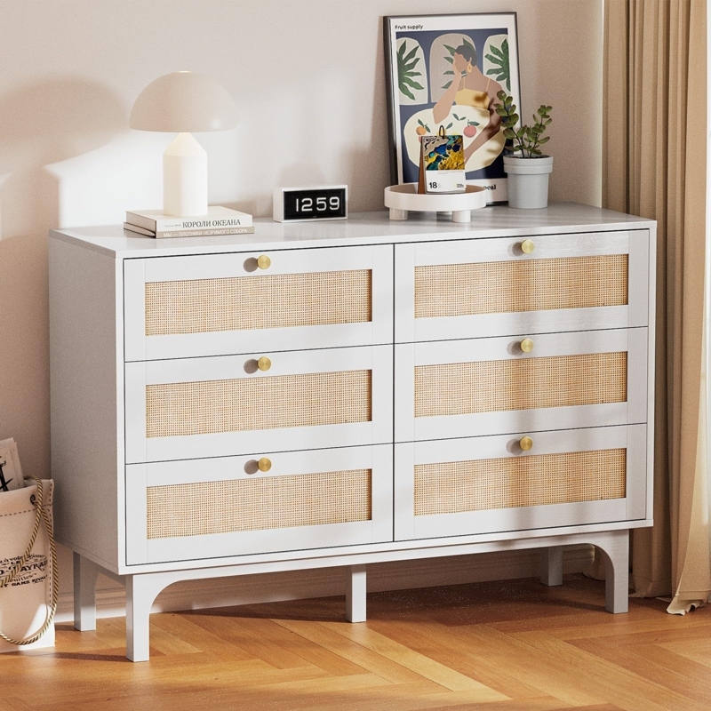 White Double Dresser with Arched Base Design and Rattan