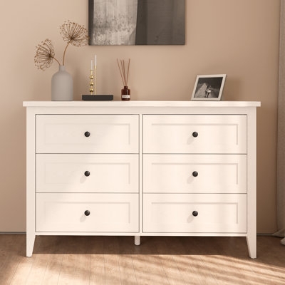 White Double Dresser with Inset Panels and Black Knobs