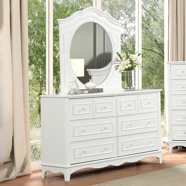 White Dresser and Mirror Set with Crystal Knobs and Arched Frame