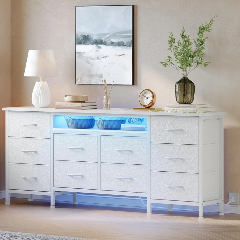 White Dresser with LED Lighting and Open Media Shelf