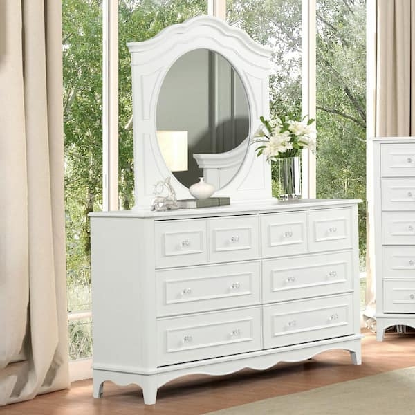 White Dresser with Oval Mirror: Crystal Knobs & Scalloped Apron
