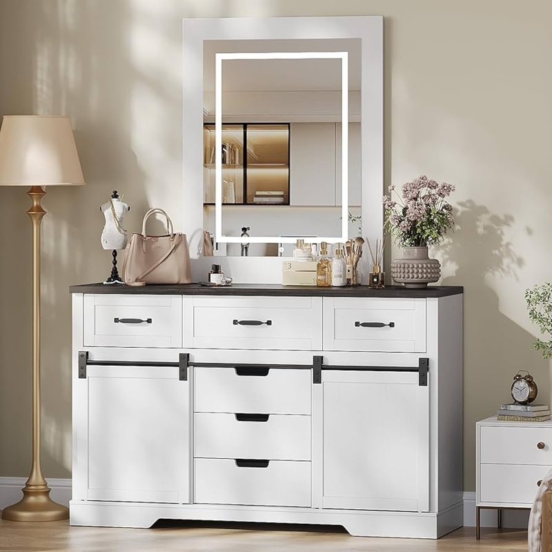 White Farmhouse Dresser with Mirror: Sliding Barn Doors & LED Lighting