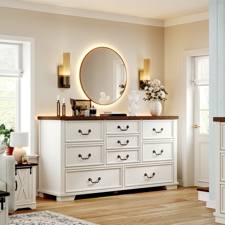 White Farmhouse Dresser Wood Toned Top Bail Pulls Bracket Feet