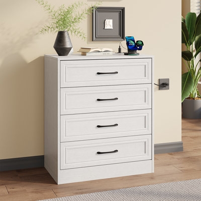 White Four-Drawer Chest featuring Recessed Panels and Black Hardware