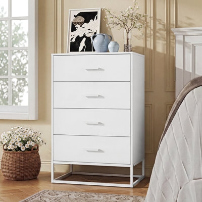 White Four-Drawer Chest with Metal Frame Base