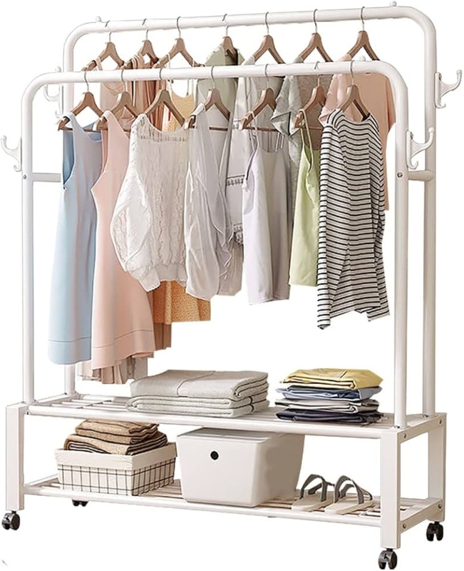 White Garment Rack Double Hanging Rails, Slatted Storage Tiers