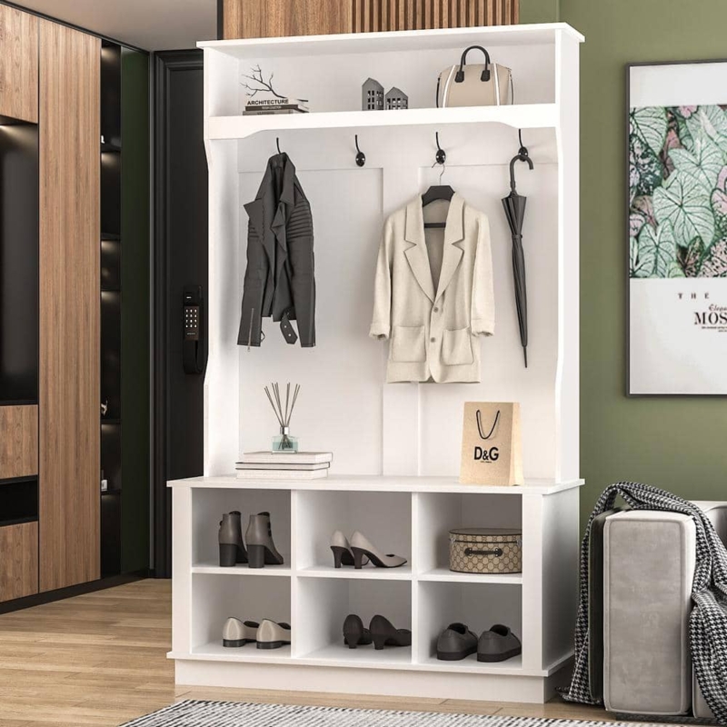 White Hall Tree with Integrated Bench and Six Shoe Storage Cubbies.