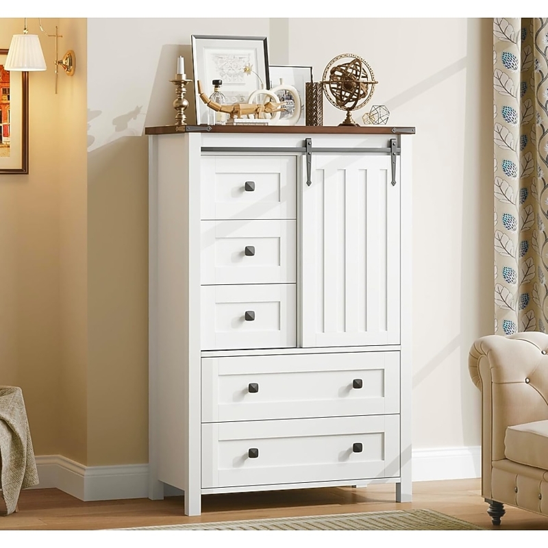 White Sliding Door Dresser with Barn Door and Wood Top Finish