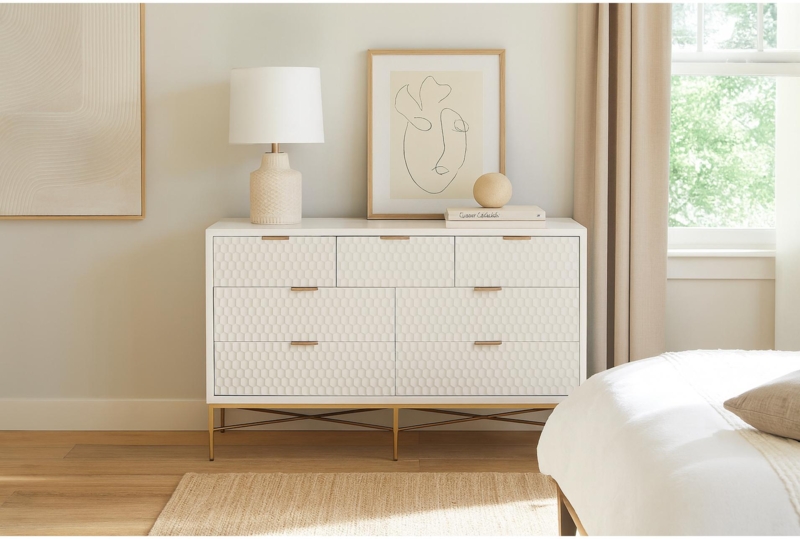 White Textured Dresser for Bedroom with Hexagonal Fronts