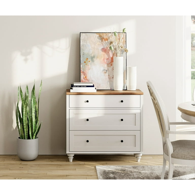 White Transitional Dresser With Wood Top and Turned Feet