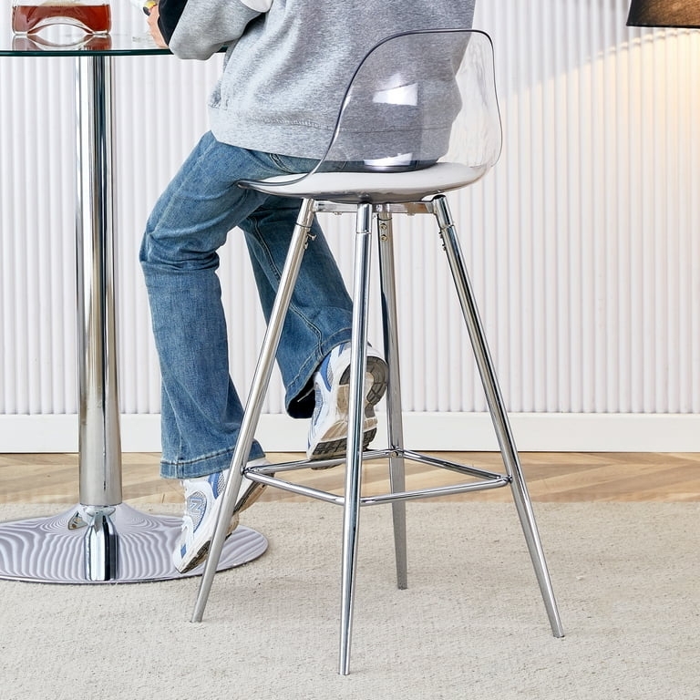 White Upholstered Bar Stools with Clear Back and Silver Footrest Ring