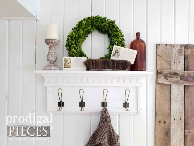 White Wall Shelf with Hooks Dentil Molding Brass Hooks Vintage Style