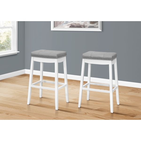 White Wood Saddle Seat Bar Stools Nailhead Trim Gray Leather Look