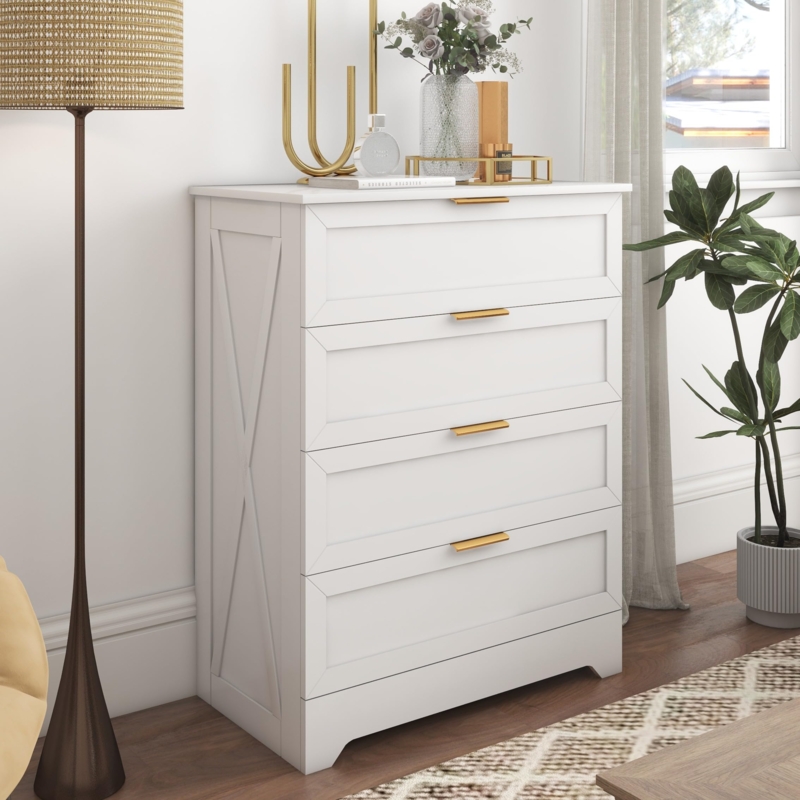 White X-Brace Side Dresser with Gold Pulls for Bedroom