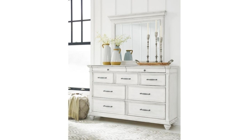 Whitewashed Farmhouse Dresser with Nine Drawers and Turned Bun Feet