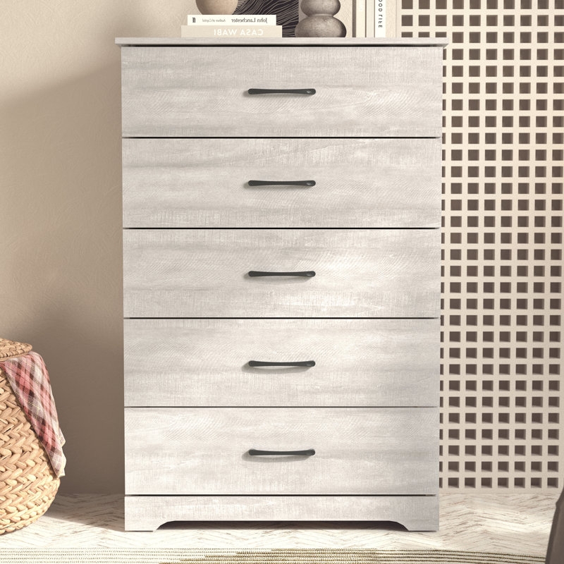 Whitewashed Five Drawer Dresser with Slender Black Pulls