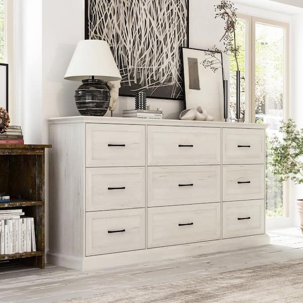 Whitewashed Nine Drawer Dresser with Minimalist Black Hardware