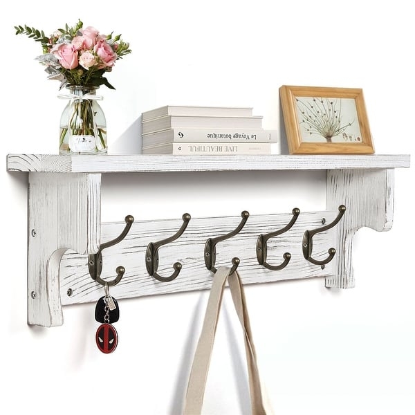 Whitewashed Wall Mounted Coat Rack Wood Integrated Storage Shelf