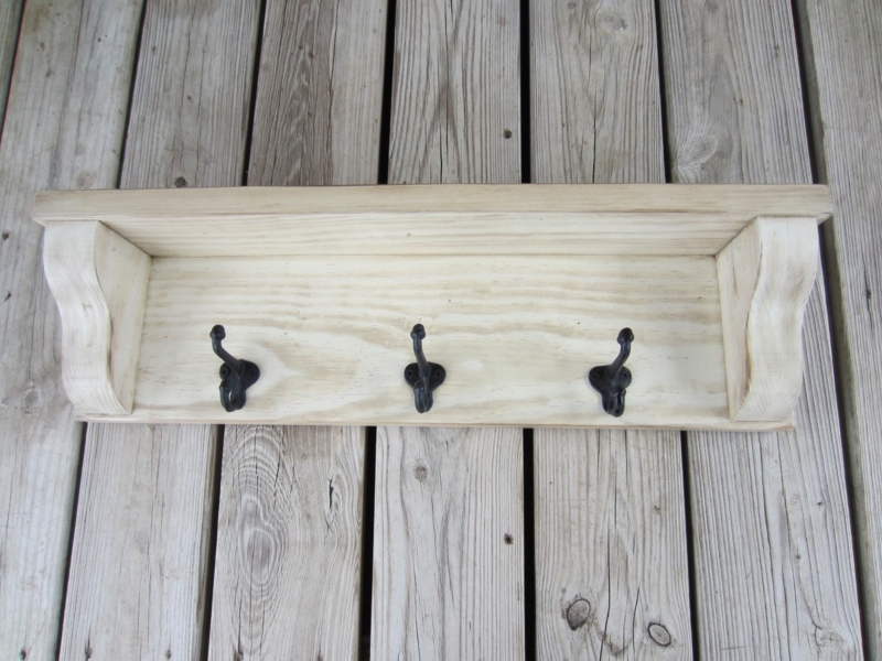Whitewashed Wooden Coat Rack Integrated Top Shelf Rustic Farmhouse