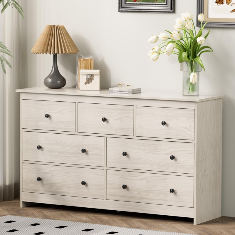 Wide Beige 7 Drawer Dresser with Minimalist Knobs, Transitional Style